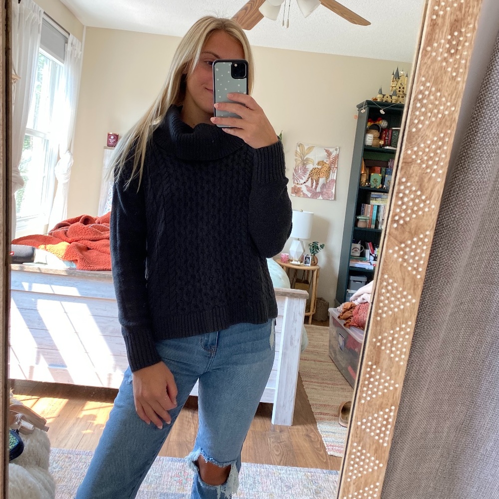 American Eagle Gray Cable Knit Cowl Neck Sweater